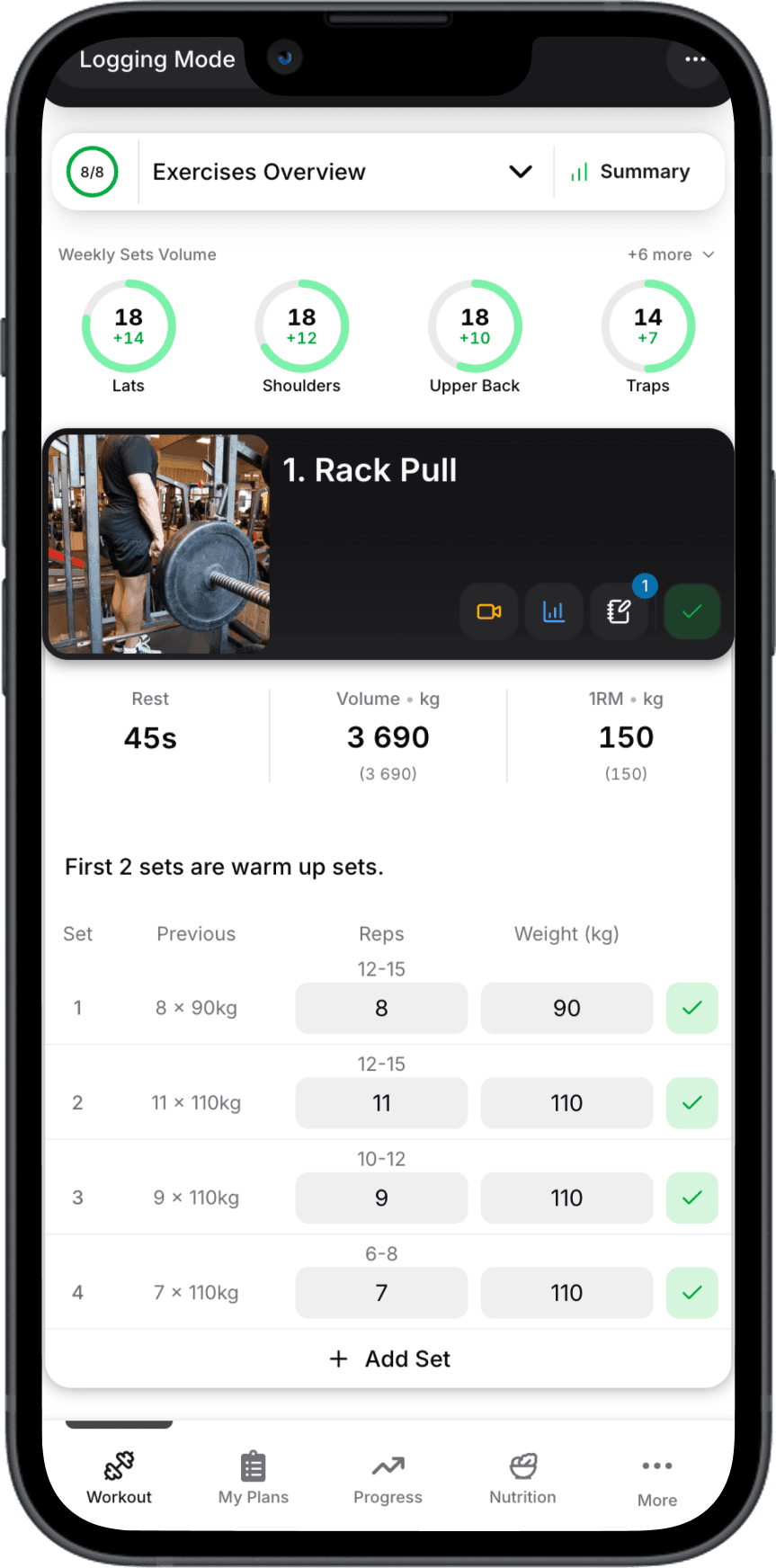 Workout logging with sets, reps and weight tracking